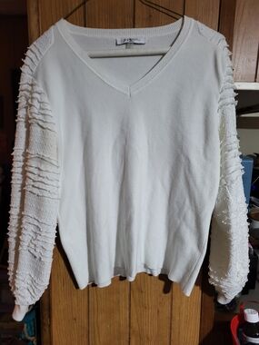 Sioni White V-Neck Sweater with Ruffle Detail Sleeves